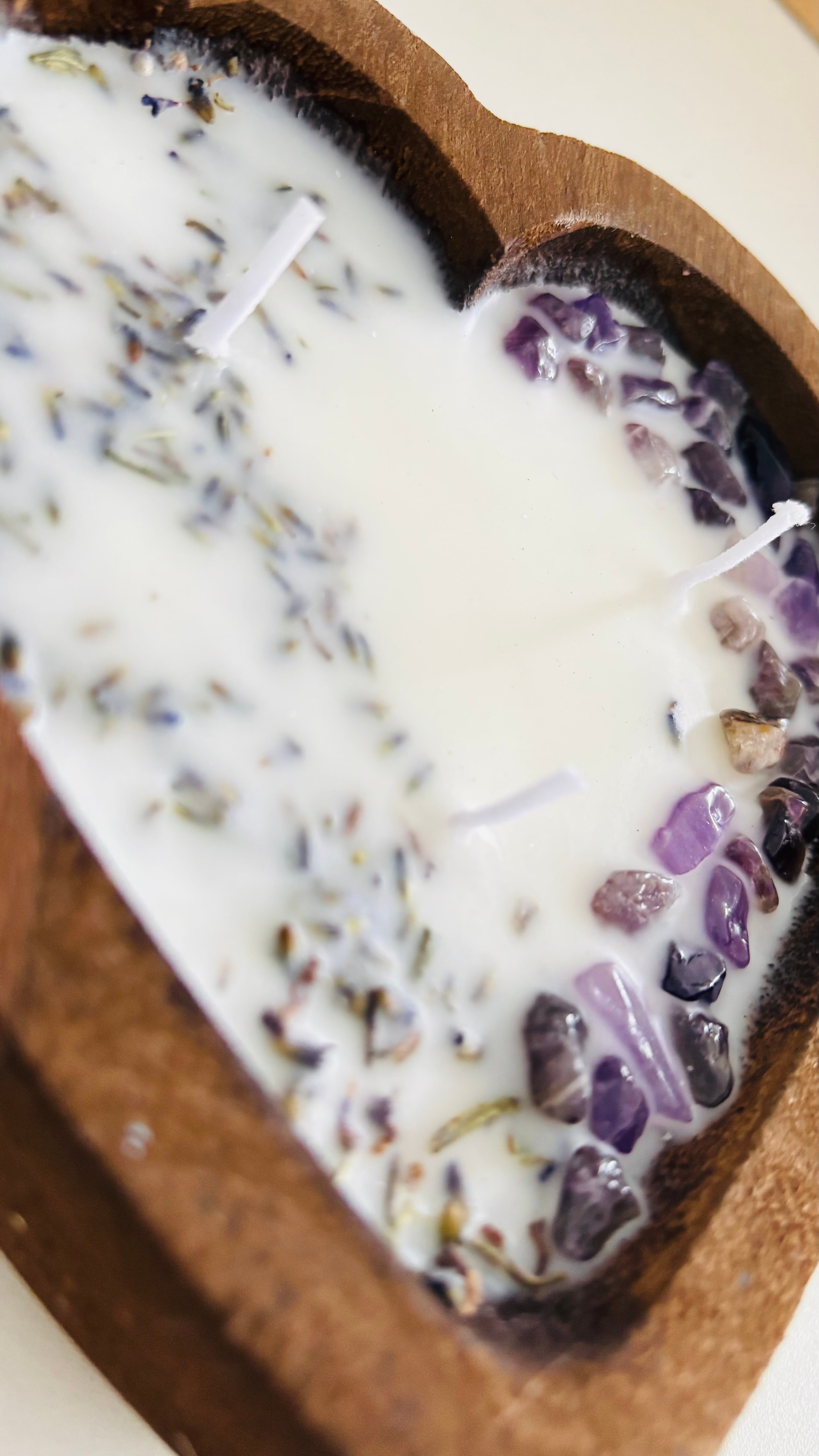 Amethyst crystals and dried lavender in a Blessed Collection heart candle